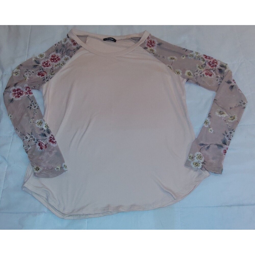 Story Teller Light Pink Long See-thru Sleeved Shirt With Floral Sleeves Large
